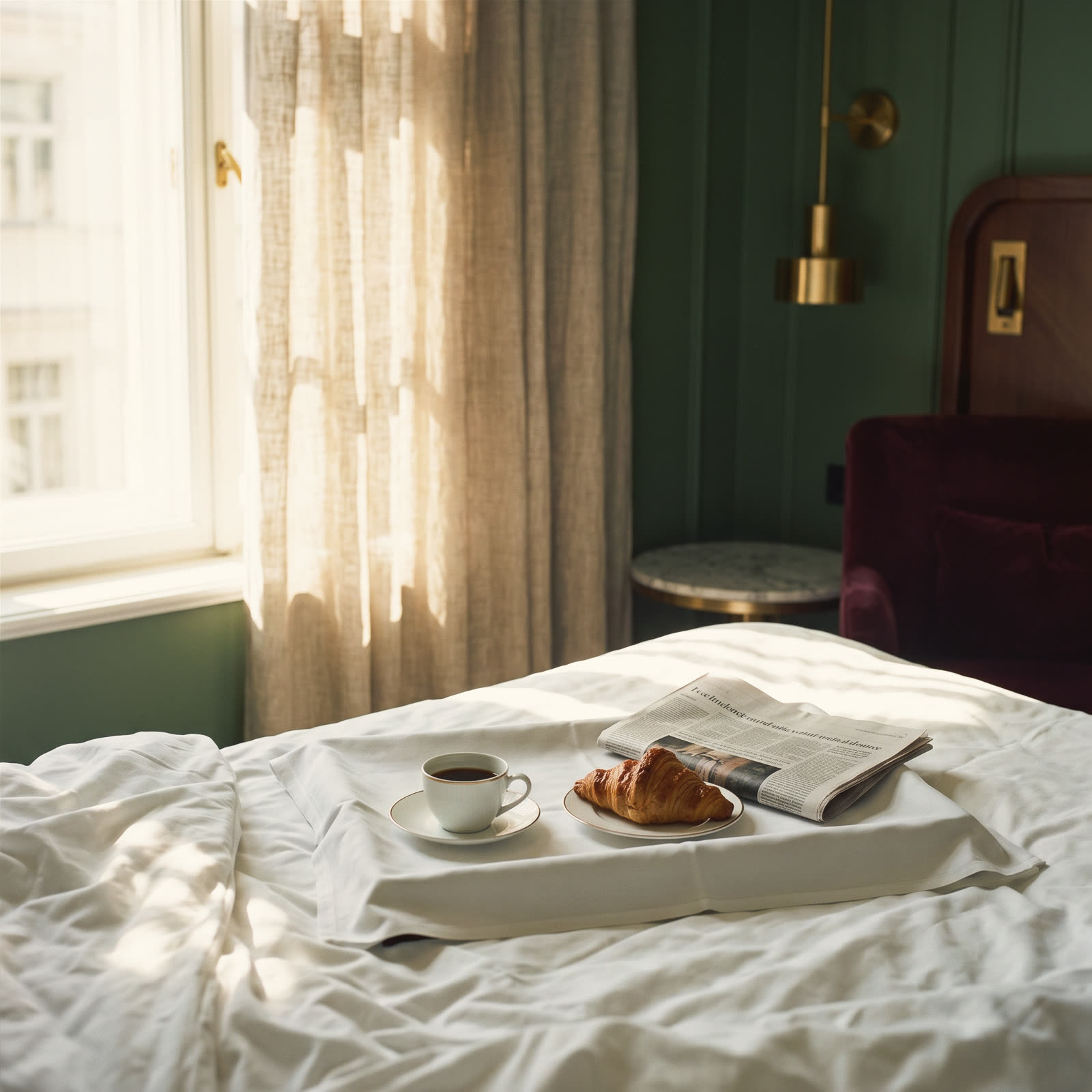 A breakfast tray on a hotel bed: coffee, a croissant, a folded newspaper