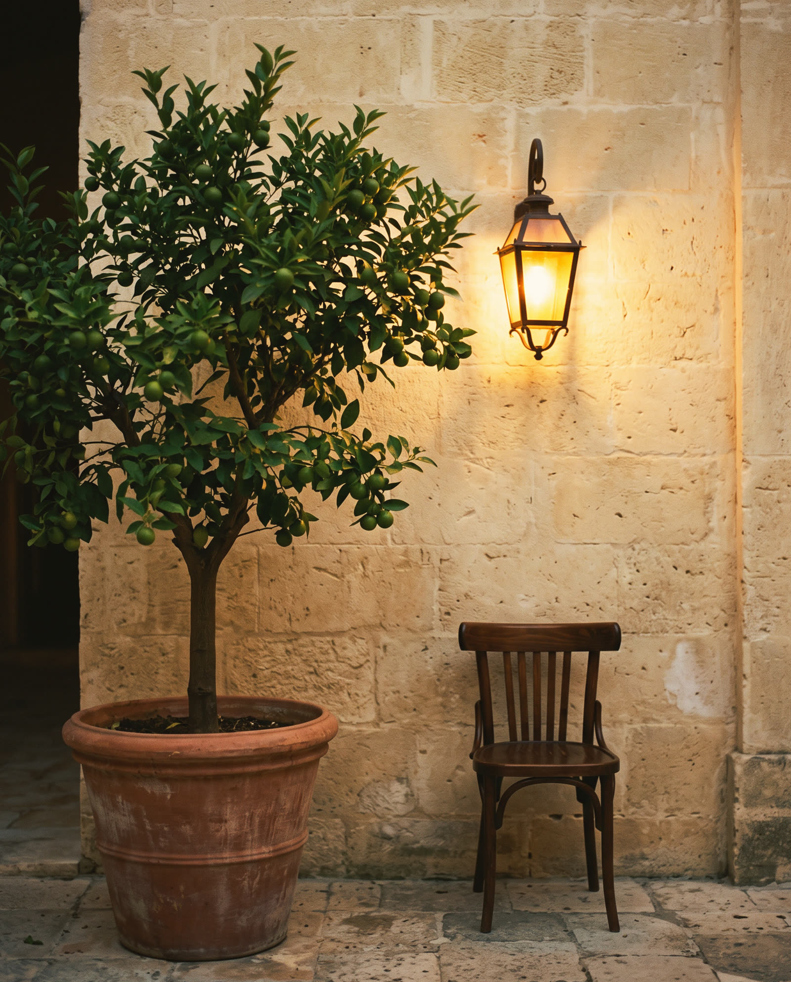 A courtyard at dusk: a citrus tree in a terracotta pot and a lantern on a limestone wall