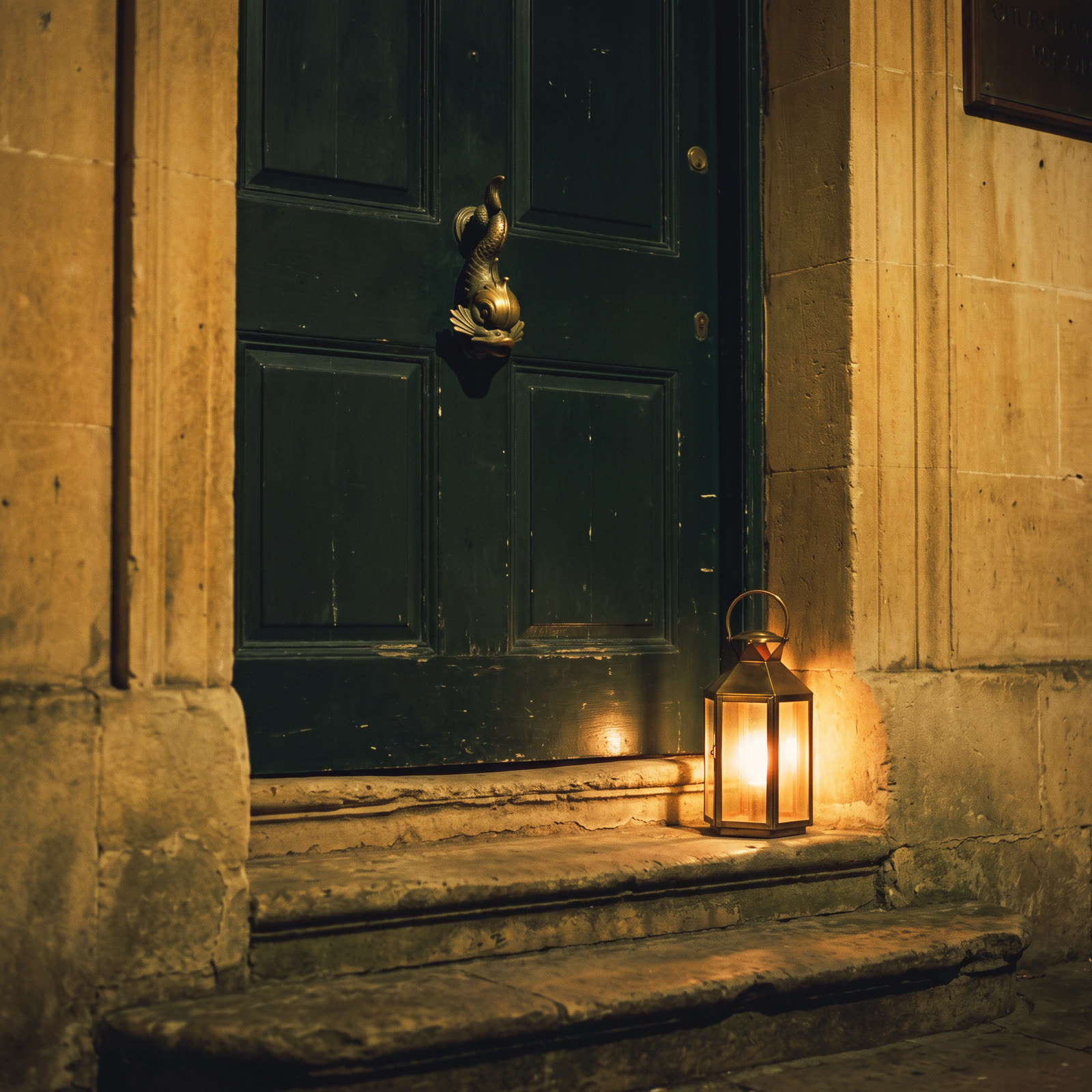 An old green door with a brass dolphin knocker in a limestone wall at night, a lantern on the step