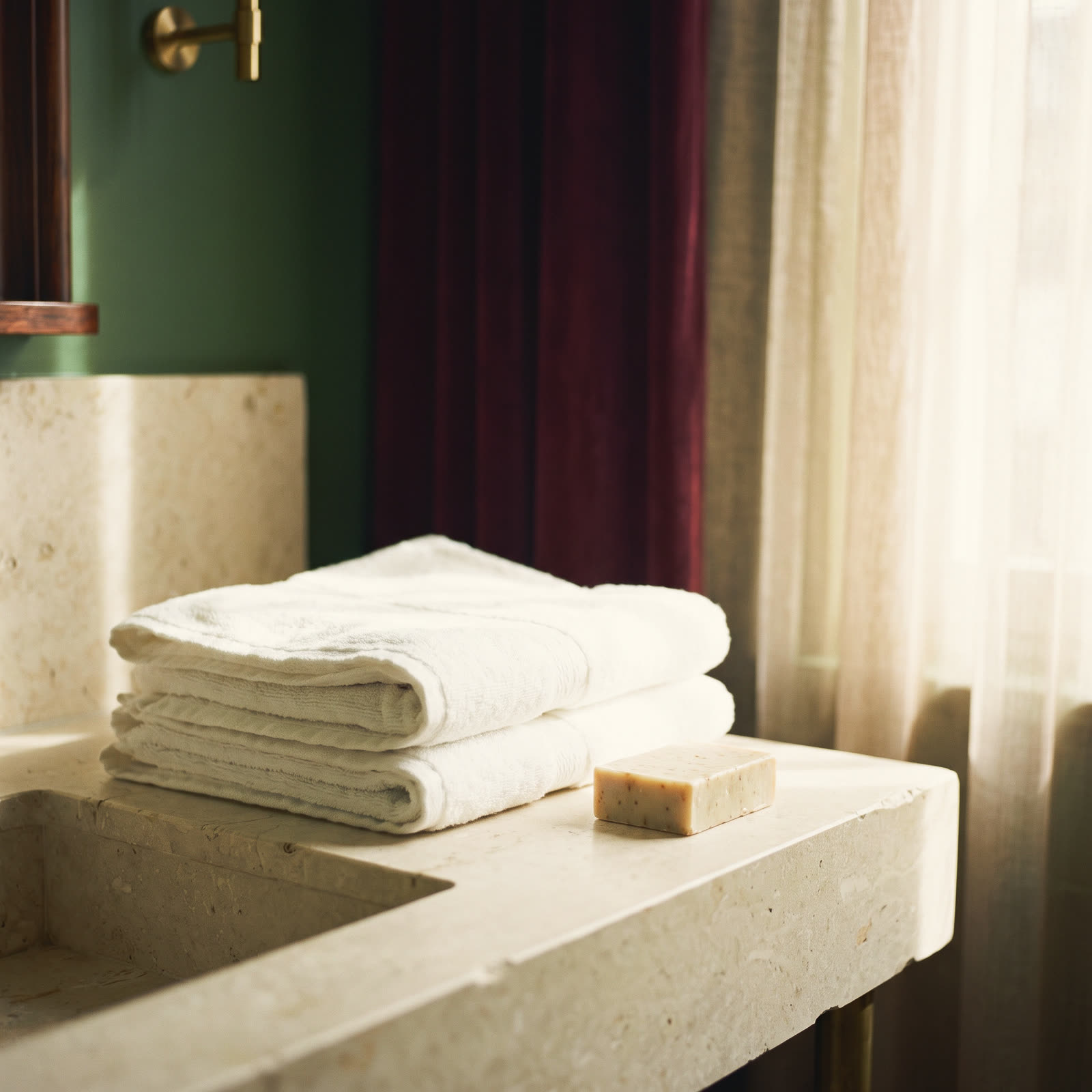 Folded white towels and a bar of soap on a stone counter