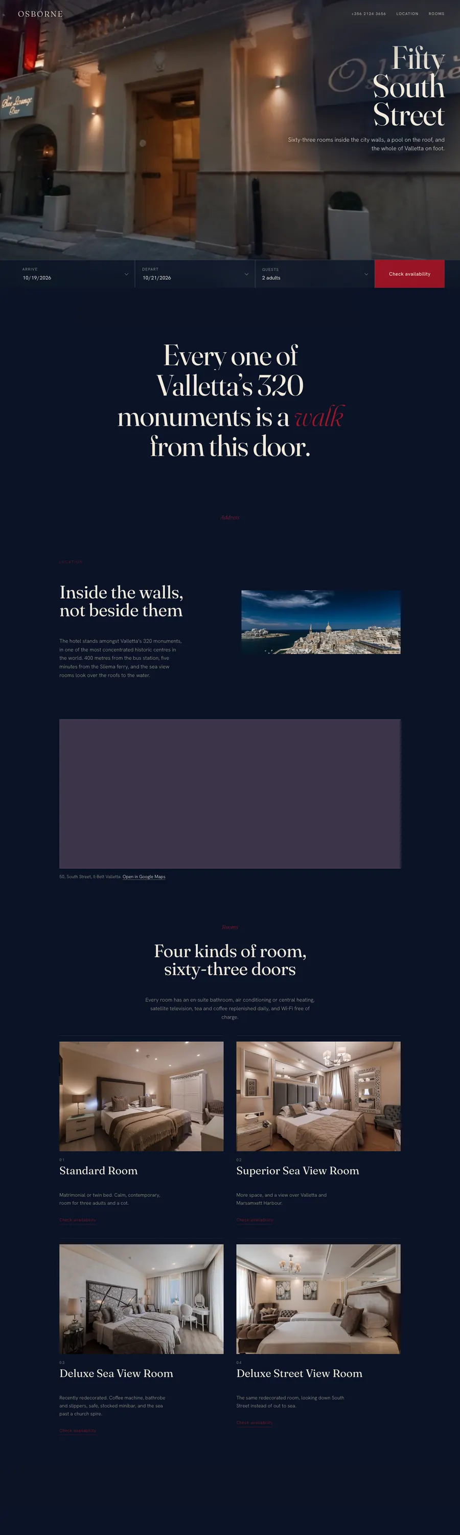 Osborne Hotel demo: a dark hero with a booking bar, then a Valletta story