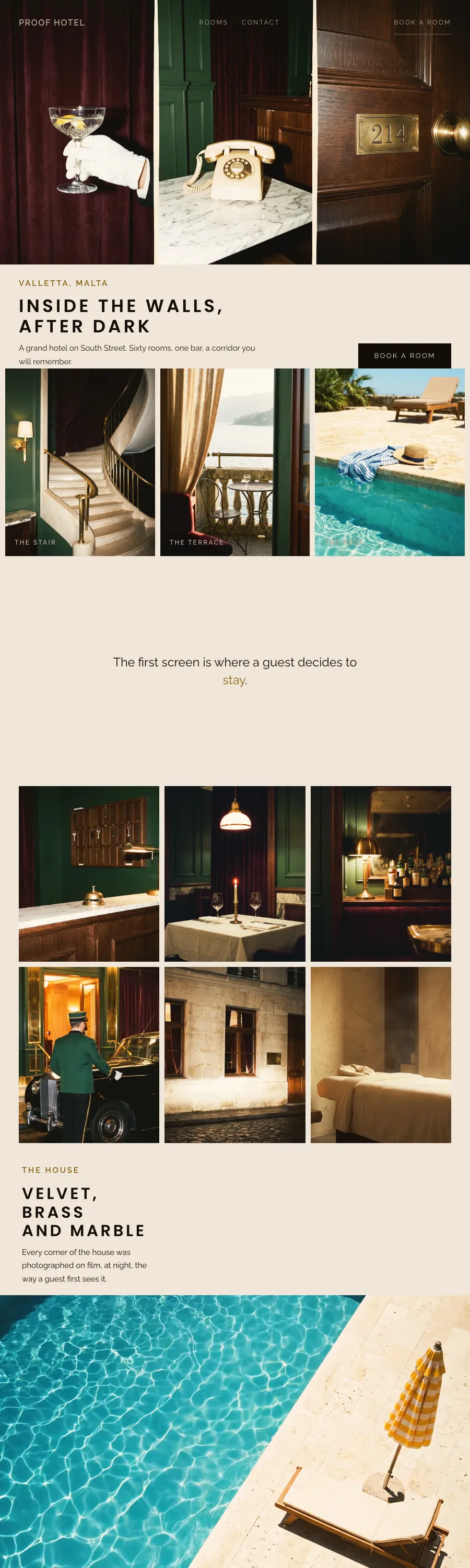 Proof Hotel demo: a night triptych of a gloved hand with a coupe, a telephone on marble and a brass door number, then rooms and a corridor film