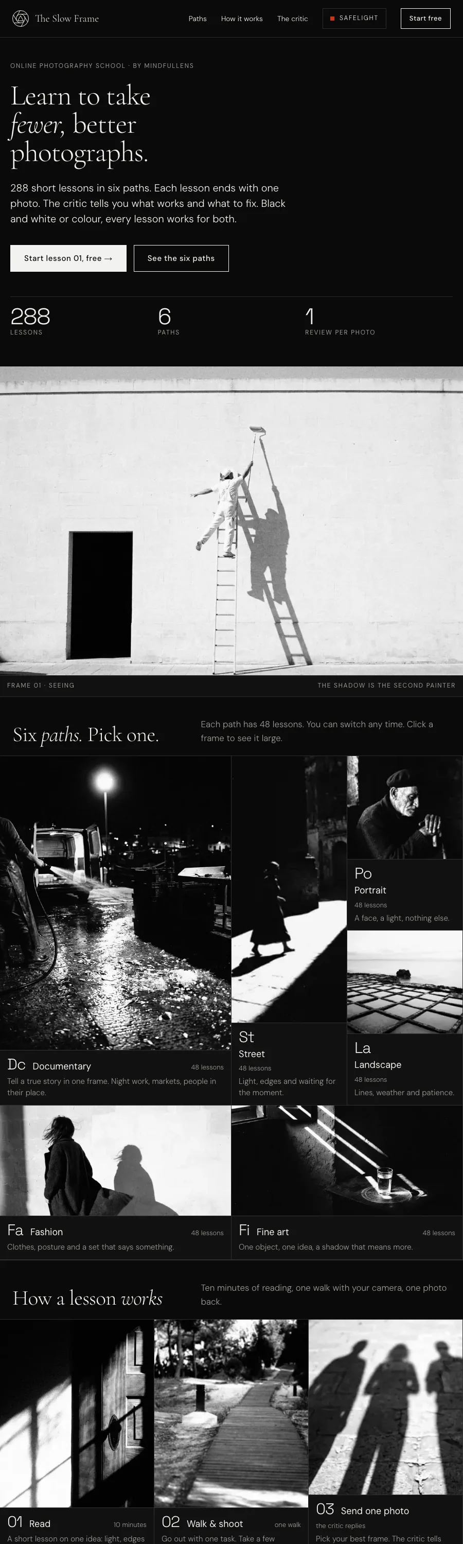 The Slow Frame: a black and white film-look hero, six photography paths as frames, and the critic that reviews one photo per lesson